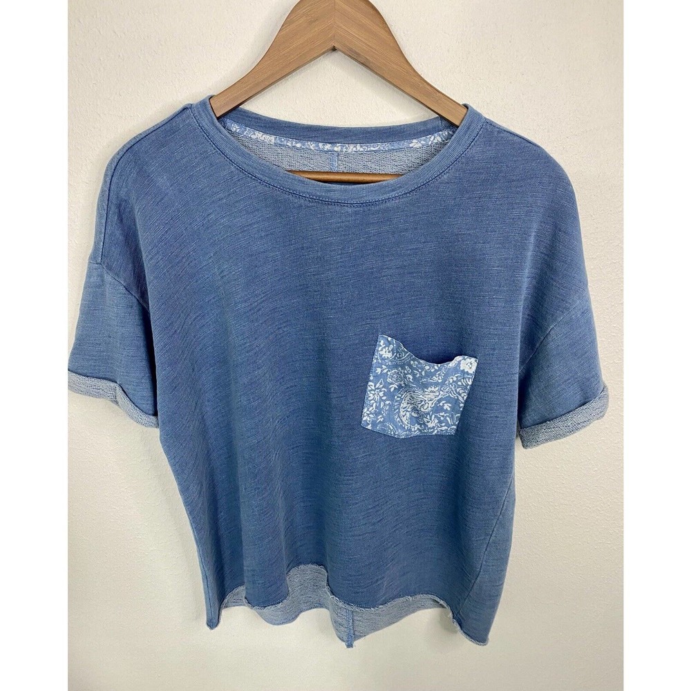 Pilcro Anthropologie Slub T-Shirt Blue Rolled Short Sleeve Crop Top Size XS NWOT